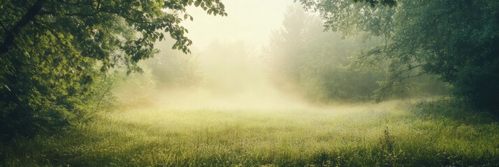 Empty green field shrouded in mist at dawn creating a serene natural atmosphere for peaceful reflection. Generative AI