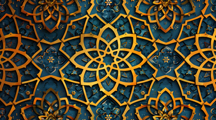 Intricate geometric pattern featuring golden floral motifs on a deep blue background, ideal for design