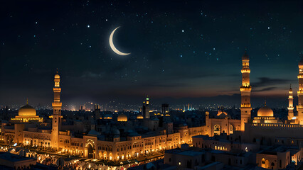 Fototapeta premium A serene night sky over a bustling city, adorned with glowing lanterns and a crescent moon, capturing the peaceful spirit of Ramadan celebrations.