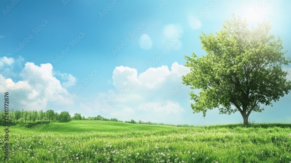 Poster Lush green landscape under a bright blue sky with a single tree and fluffy clouds in a sunny setting. Generative AI
