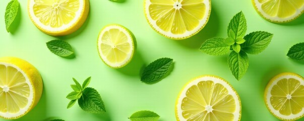 Bright lime & lemon slices, aromatic peppermint leaves , refreshing, aromatic, closeup