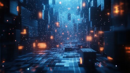 Fototapeta premium Futuristic digital cityscape; glowing cubes; particles; abstract background