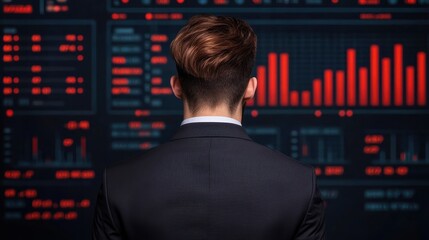 A suited individual stands before a digital display filled with red data visualizations, suggesting analysis or monitoring of market trends.
