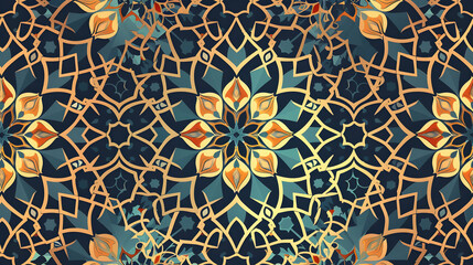 Intricate geometric pattern featuring floral motifs and vibrant colors, ideal for textiles or wallpapers