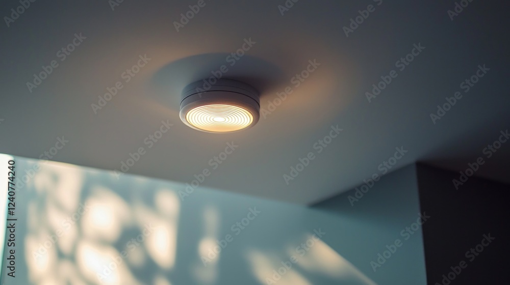 Poster in a stylish, minimalistic room, a modern ceiling light illuminates the space, creating a warm atmos