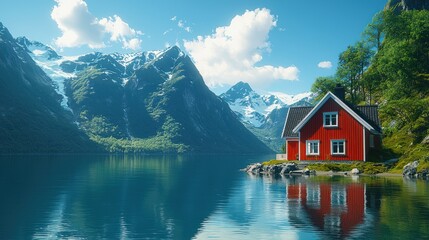 Fototapeta premium Red cabin by fjord, mountains, and reflection