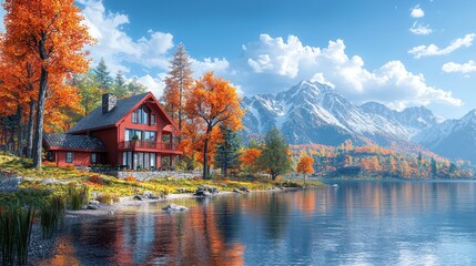 Fototapeta premium Autumn cabin by lake with mountains; sunny day; scenic view