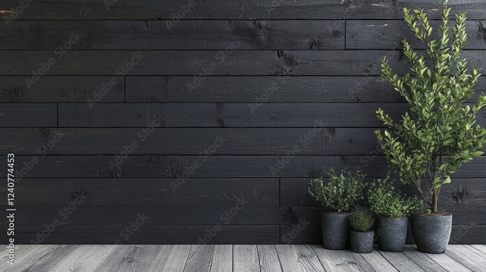 Poster a textured black wall with rustic wooden planks, creating a perfect backdrop for showcasing products