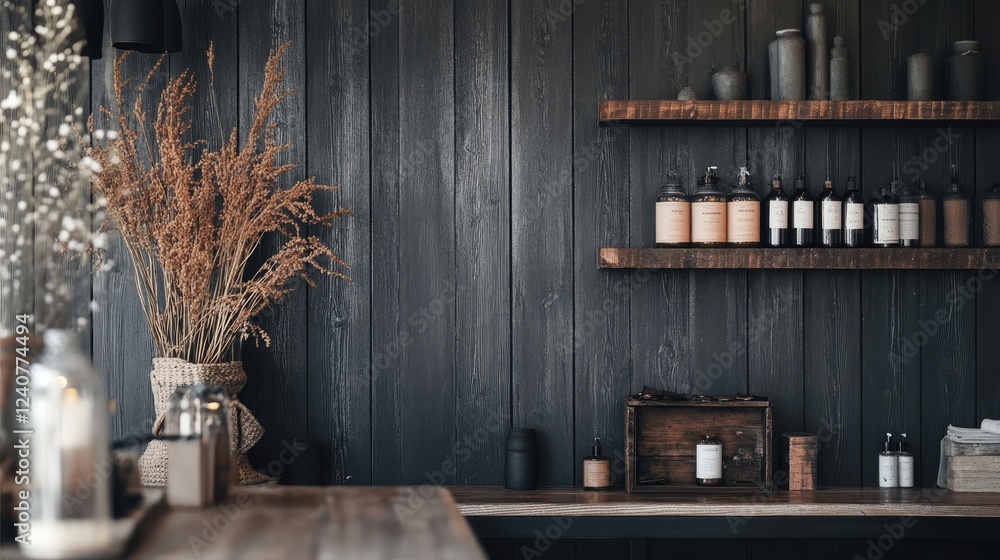 Poster a textured black wall with rustic wooden planks, creating a perfect backdrop for showcasing products