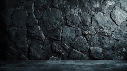 Fototapeta premium A textured stone wall and cement floor in a dark room create a rugged and atmospheric setting, evoking a sense of raw, industrial style.