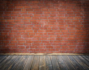 Old bricks wall and old wooden floor background with vignette effect.
