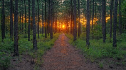 Obraz premium Sunset path through pine forest, nature scene