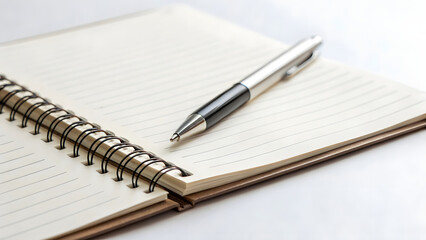 A pen rests on an open notebook, poised for inspiration