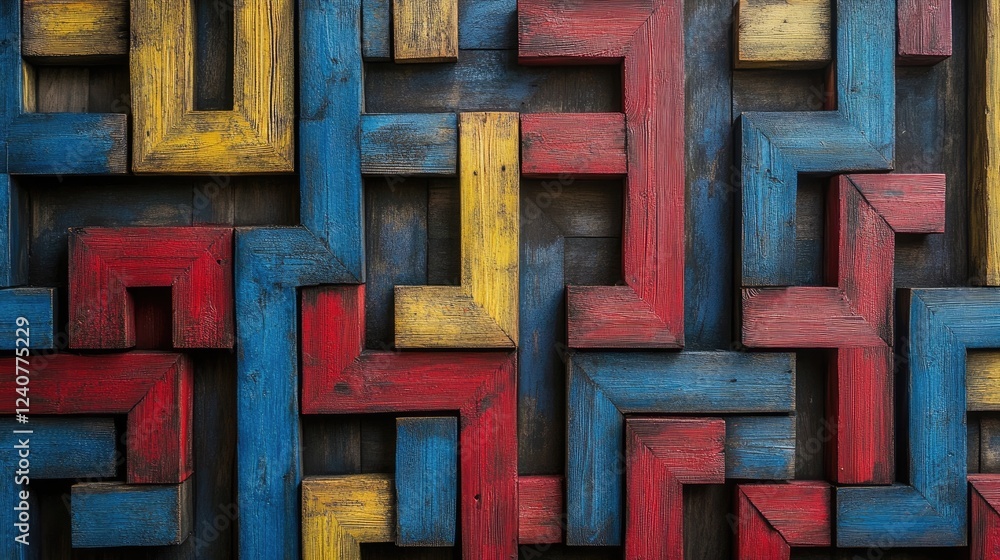 Poster A top-down view of a wooden maze, with narrow blue, red, and yellow paths, in an abstract generative AI design, creating a striking pattern.