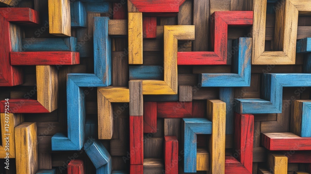 Poster a top-down view of a wooden maze, with narrow blue, red, and yellow paths, in an abstract generative