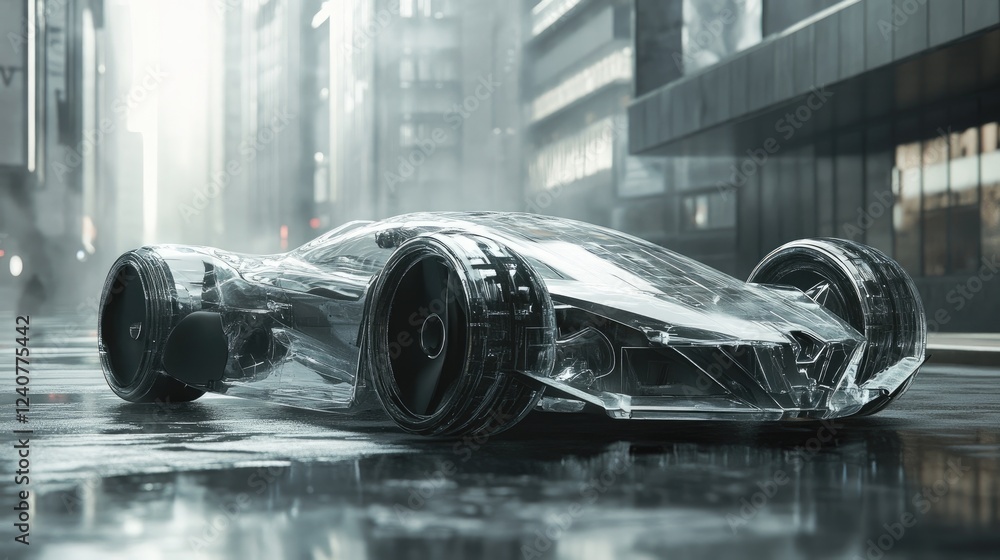 Poster a transparent futuristic car against a city backdrop, rendered in a futuristic generative ai style, 