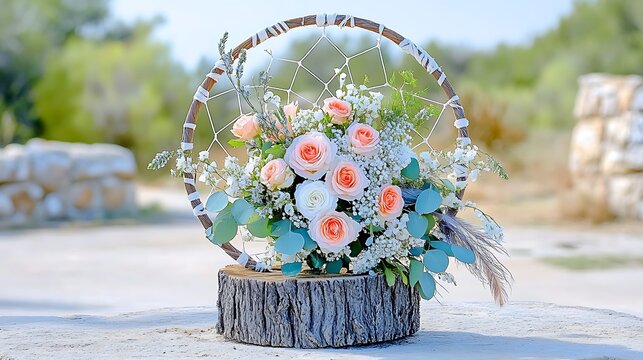Dreamcatcher Floral Arrangement Peach Roses Eucalyptus Baby s Breath on Rustic Wood - Powered by Adobe