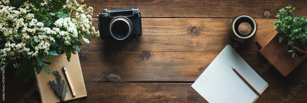 Poster creative workspace with flowers camera notebook and pencil inviting inspiration in a serene setting.