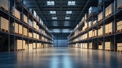 Obraz premium A vast, empty warehouse with a digital, three-dimensional design, dimly lit to enhance the sense of space and absence.