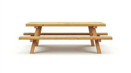 "A 3D realistic vector of a wooden picnic table with long benches, ideal for camping, garden, or park settings, featuring seating for a barbecue. Front and side views isolated on a white background."
