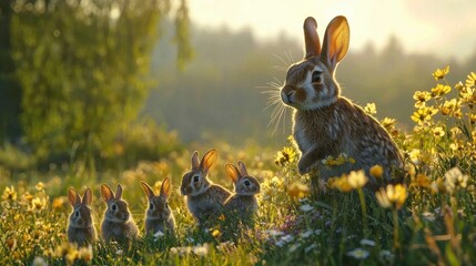 A serene scene of a mother rabbit surrounded by four young bunnies in a sunlit meadow filled with flowers.