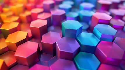 A 3D render of a geometric pattern of colorful hexagons.