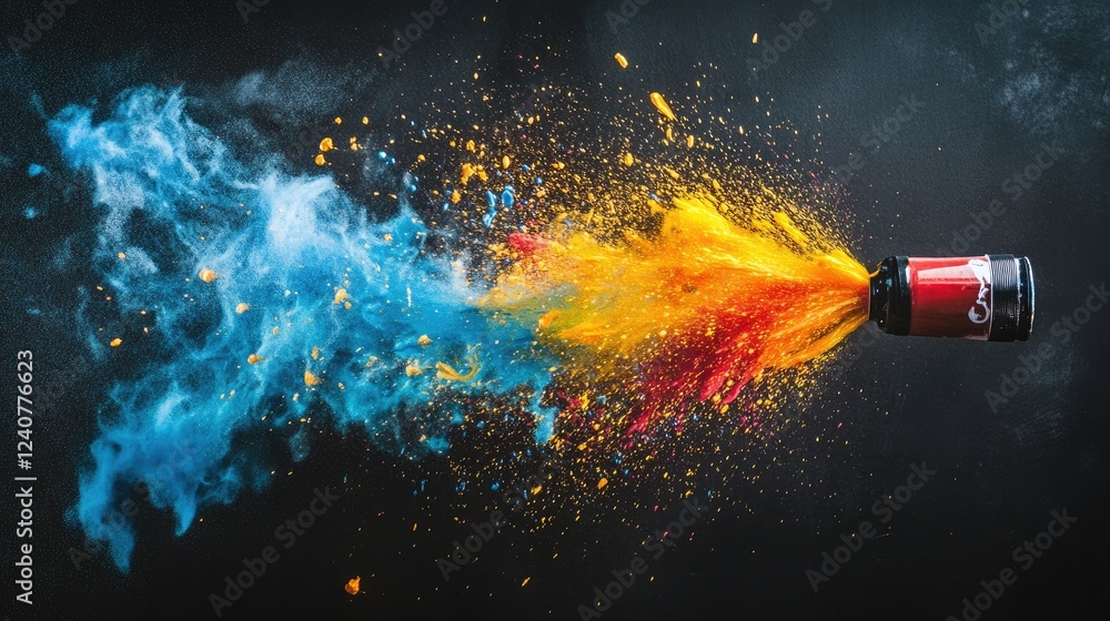 Poster a vibrant jet of paint being released from a spray can nozzle against a dark backdrop, showcasing th