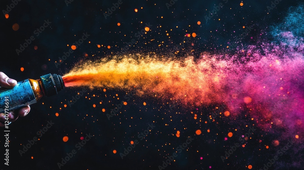 Poster a vibrant jet of paint being released from a spray can nozzle against a dark backdrop, showcasing th