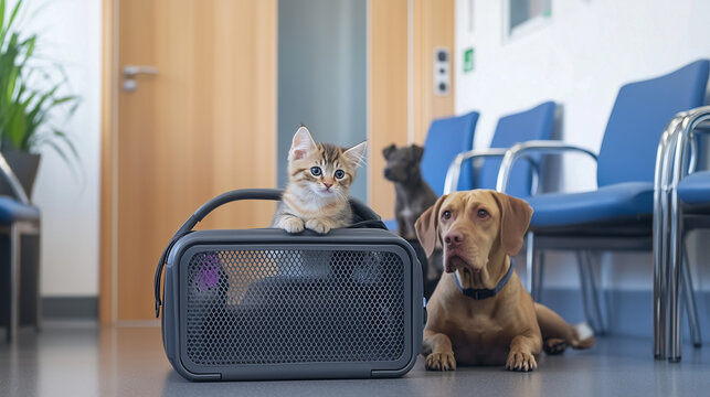 Cat and dog calmly waiting together in a veterinary clinic lobby near a pet carrier, showcasing companionship and trust