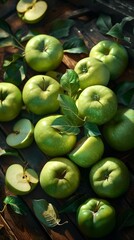 bunch green apples table top view photorealistic intricate details fresh organic fruit