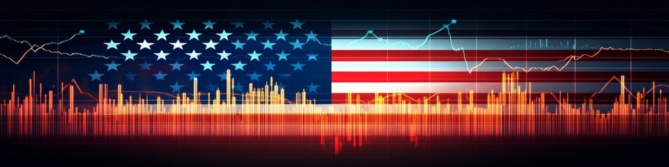 Naklejka premium American Flag With Stock Market Data Chart, Abstract Vector Illustration Of Financial Market Trends