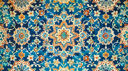 Intricate blue and orange floral pattern on fabric, showcasing detailed designs and symmetry