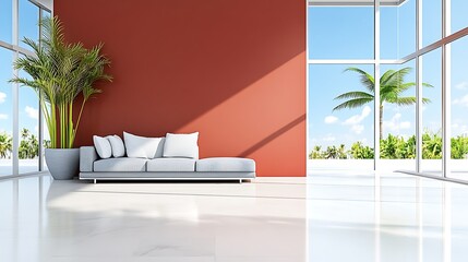 Modern Living Room Interior Design Red Wall White Sofa Palm Tree View