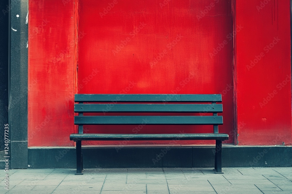 Aufkleber Empty bench against a bright red wall in an urban space ideal for relaxation and reflection. Generative AI