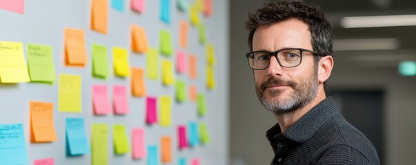A thoughtful man with glasses stands beside a wall covered in colorful sticky notes, suggesting brainstorming or project planning.