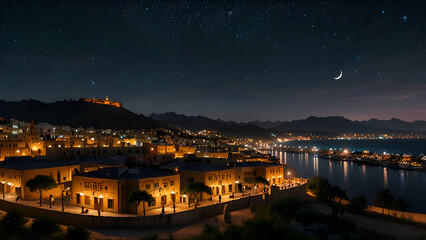 A panoramic view of a peaceful village under a starlit sky, where lanterns light up the streets and the crescent moon shines over the Ramadan celebrations.