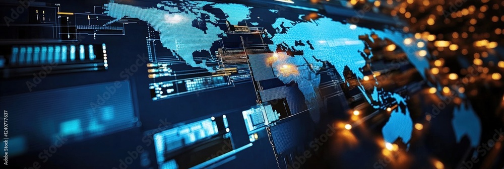 Poster global trade landscape with digital map and connected data points representing international busines