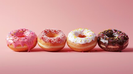 Four donuts in a row on a pink background.