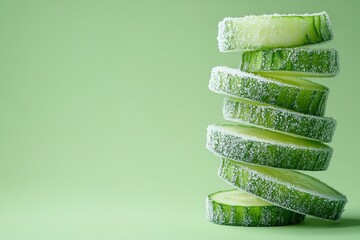Slices of cucumber coated with frost, creating refreshing contra