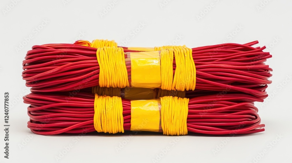 Poster a well-organized bundle of electrical wires, each carefully insulated with red and yellow electrical