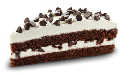 A realistic image of a slice of chocolate cake with layers and chocolate chips on top, isolated against a white background, high-resolution photography, insanely detailed, stock photo, professional 