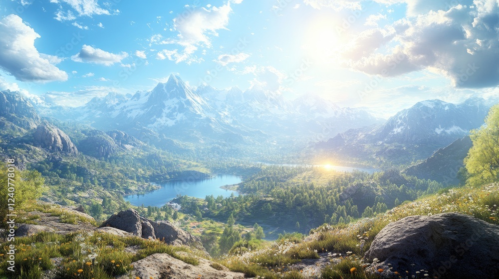 Poster a wide-angle panoramic view of a stunning summer landscape with a majestic mountain range under the 