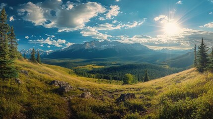 Fototapeta premium A wide-angle summer scene showcasing a dazzling mountain range, bathed in sunlight, inviting viewers to embark on a thrilling outdoor adventure.