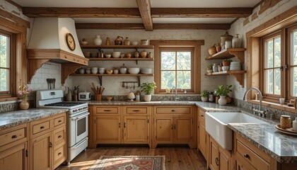 Fototapeta premium Rustic Kitchen Charm: A cozy and inviting kitchen with warm wooden cabinets, exposed beams, and a charming farmhouse sink. The space is filled with natural light and a rustic, yet elegant touch.