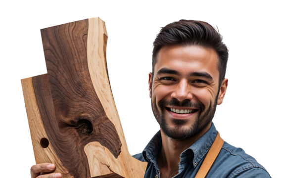 Cutting board png of a smiling man holding wooden board on black background - Powered by Adobe