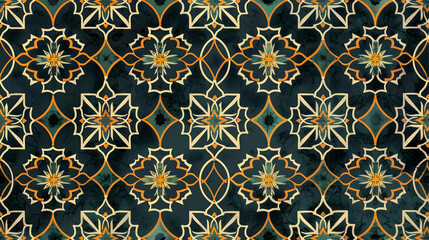 Intricate geometric pattern featuring floral designs in dark tones with golden accents