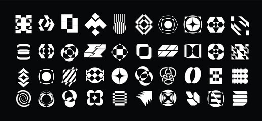 Retrofuturistic Y2K graphic icons, acid shapes, rave elements. Geometric shapes trippy vibe shapes, vaporwave 70s,90s,80s. Lots of elements y2k for graphic design, poster, merch, flyers. Vector set