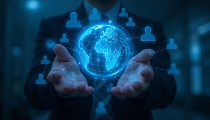 Person holding a globe surrounded by connected user icons representing global networking