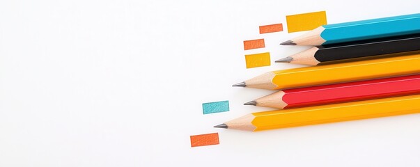 Fototapeta premium A vibrant arrangement of colored pencils with small paper squares, set against a clean white background, ideal for creativity and artistic expression.