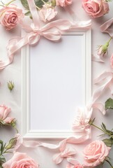 Elegant White Frame Surrounded by Pink Roses and Satin Ribbons
